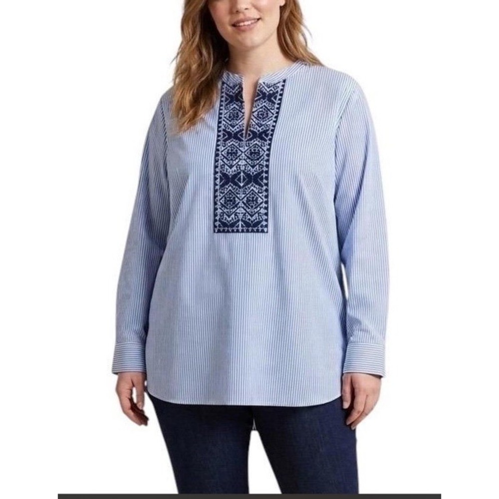 Chaps Tunic Top Womens XL Blue Stripe Shirt Vneck Embroidered Career Cottagecore